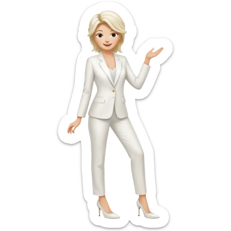 Chica blanca, traje pantalón blanco, zapatos blancos tacon pelo recogido con mechones sueltos, cuerpo entero sticker