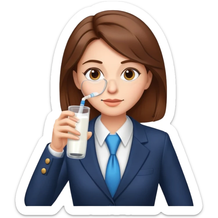 Mom with brown hair in business suit drinking milk and holding a vaccine syringe sticker