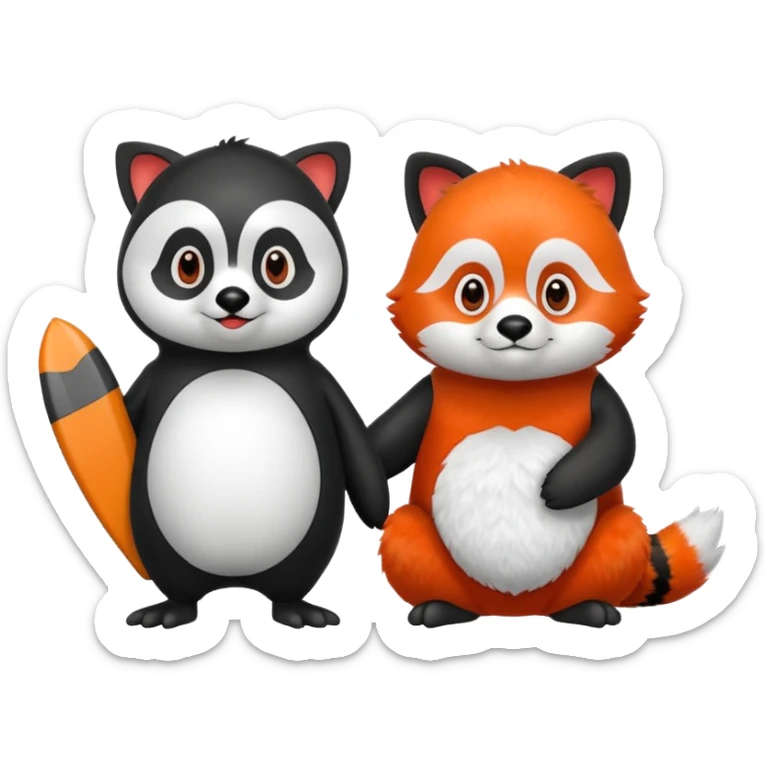 A cartoon  cute cartoon penguin. Next to it is a cartoon red panda holding its flipper  sticker