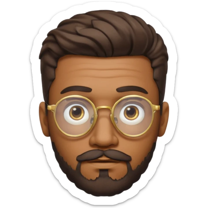 classic emoji style male face with medium-brown skin, short twisted hairstyle, trimmed beard and mustache, gold-rimmed glasses, neutral facial expression, capturing distinctive features from the reference image sticker