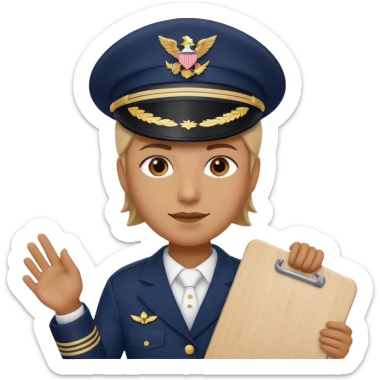 Slack-style emoji of a pilot wearing a navy captain hat holding a board with WIP on it sticker