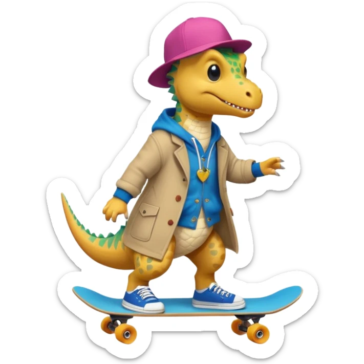 a dinosaur on a skateboard wearing a coat with sneakers in the bottom a cute pokie hairball on the top sticker