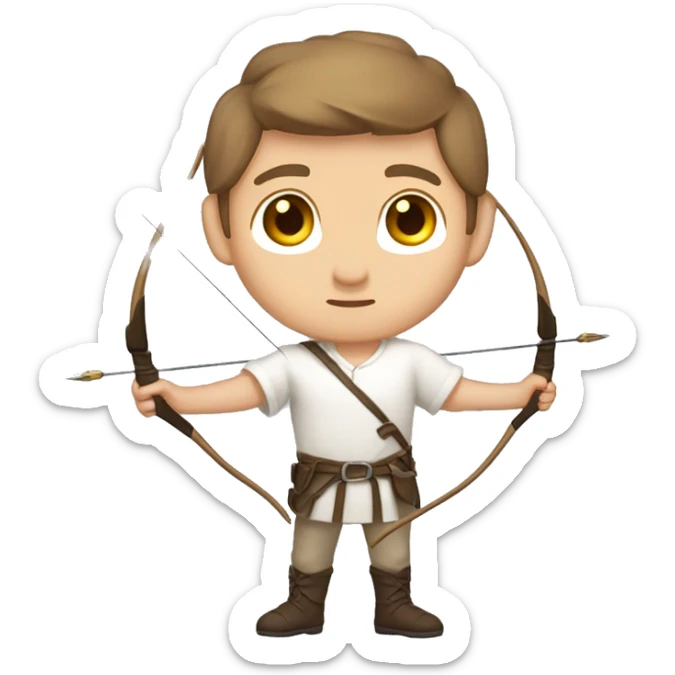 a male archer bending a bow, wearing a white shirt, very short brown hair, bright skin, only show upper part of the body from waist up sticker