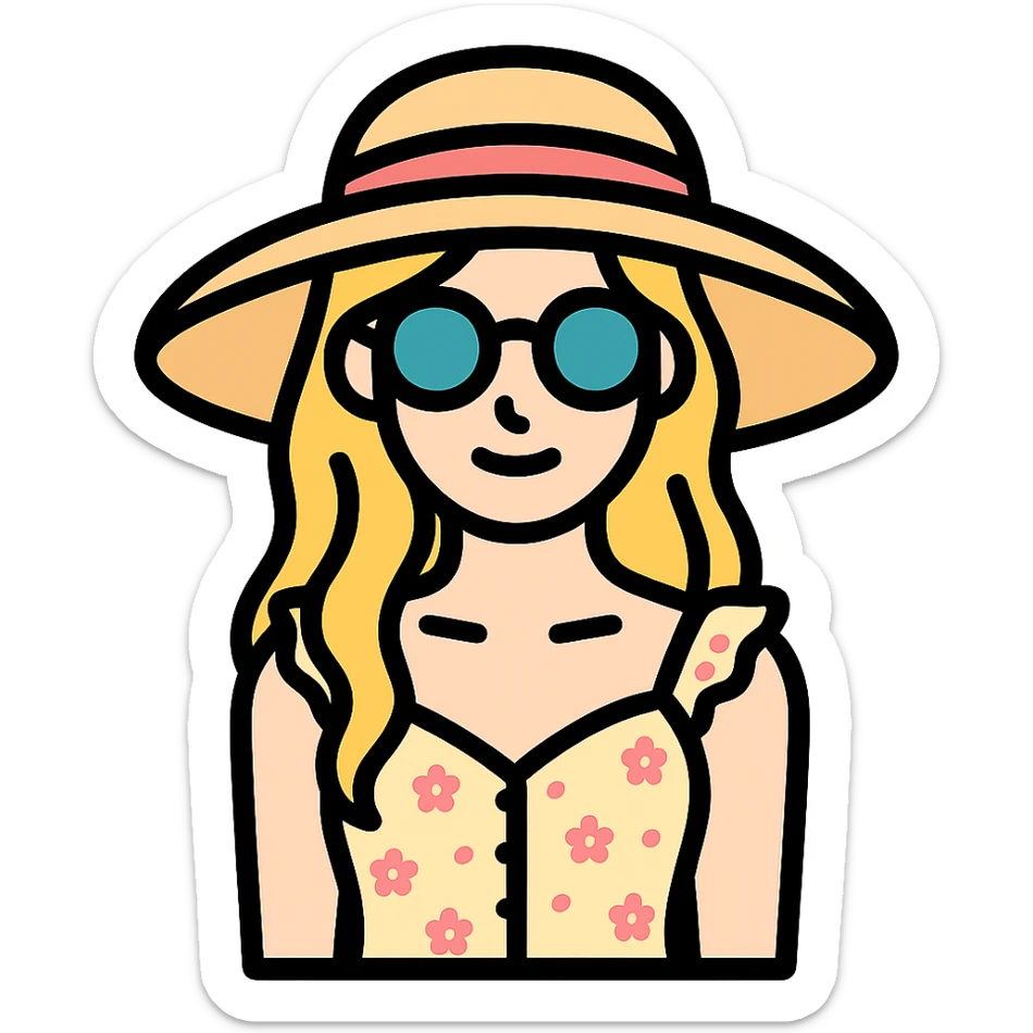 Add a summer hat and glasses to the heroine, maintaining a romantic look in a light dress. sticker