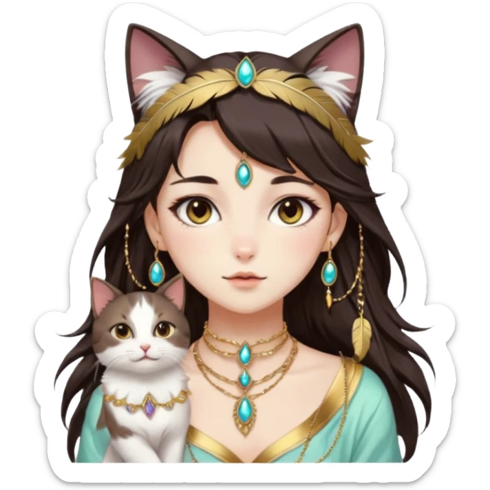 Beautiful gorgeous anime cat-lady with beautiful dark-brown-special-hair, fashion aesthetic, ethereal, feather, accessories, gold jewelries, gold, colorful,  sticker