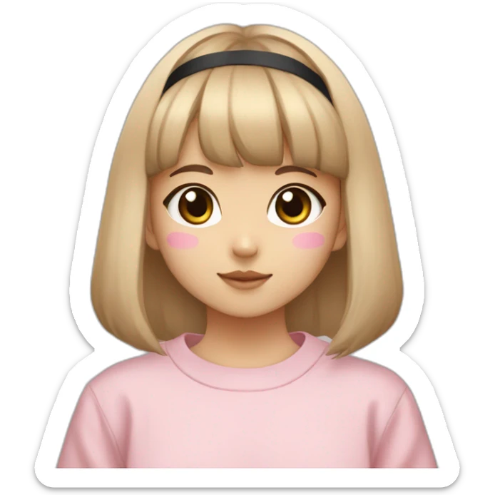 young korean girl with straight bangs and beige face mask and black headband and pink crewneck sweatshirt holding eevee sticker
