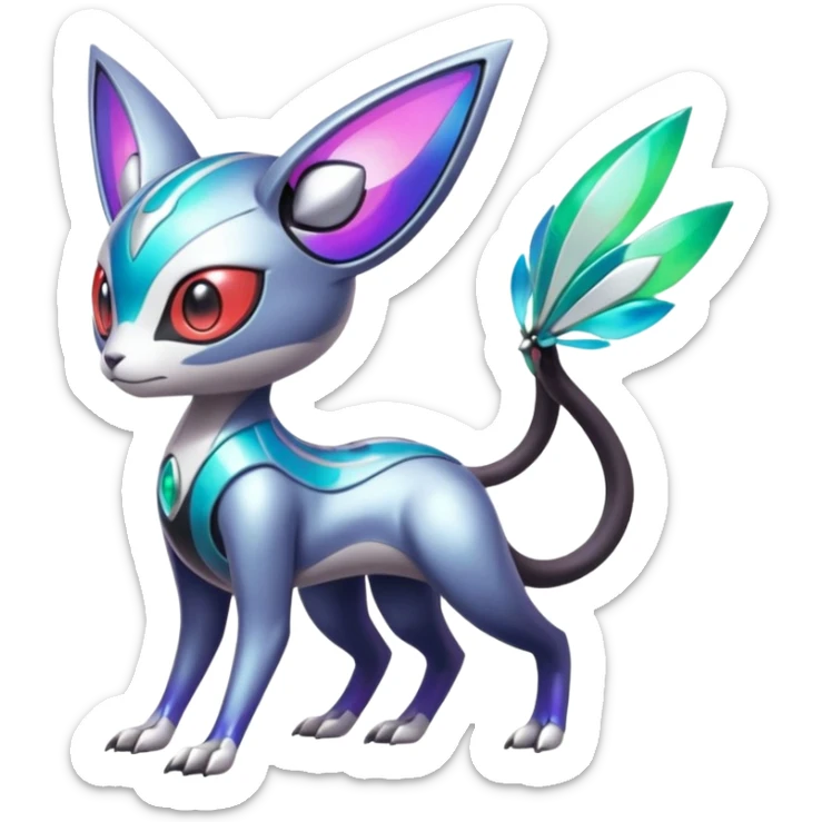 Shiny Colorful Futuristic Cyber-Vernid-Trico-Meloetta-Latias-Koraidon-Peppercat-Protogen-Pokémon-Digimon-Fakémon-fusion-hybrid-creature sticker