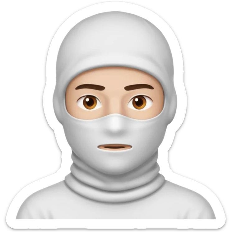 head of a guy with brown eyes wearing a white balaclava without a mouth, with a serious expression sticker