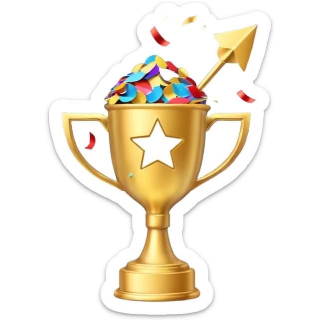 winner's cup with confetti and upward arrow, representing marketing achievement sticker