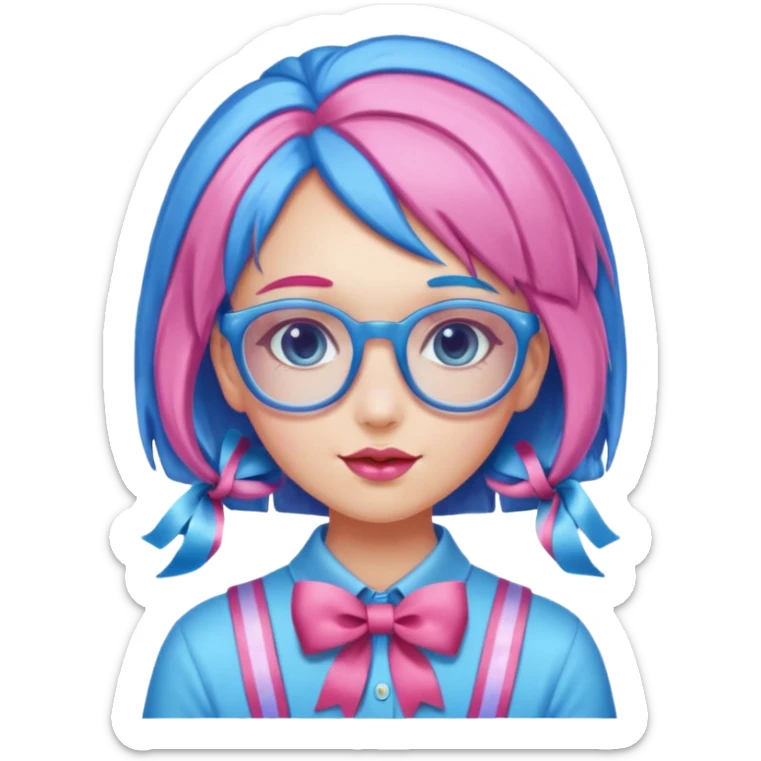 candy girl with very long blue-pink mixed candy hair with ribbon and no tattooes, with glassess sticker