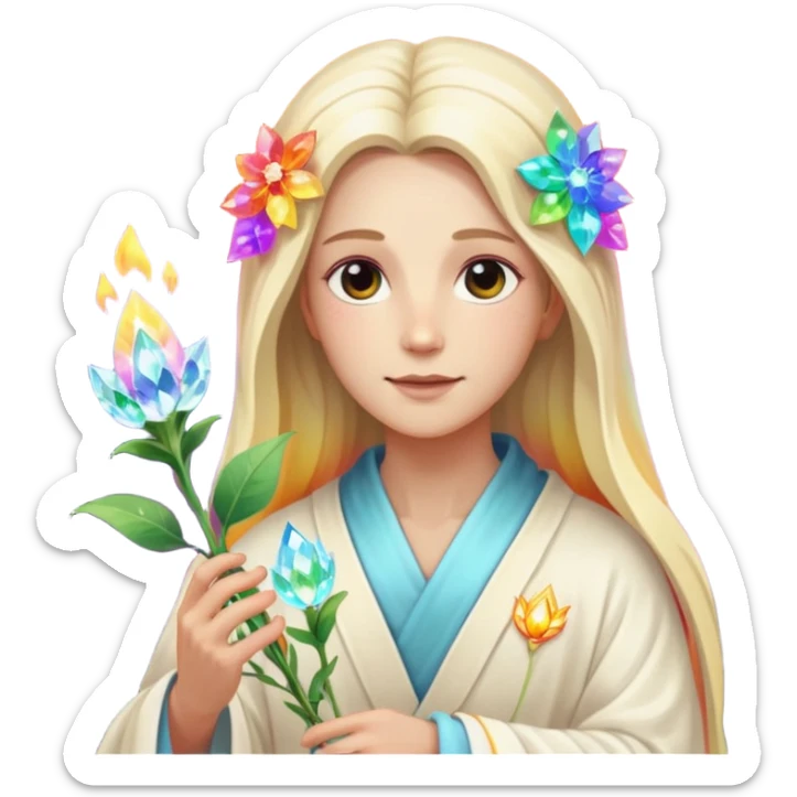 a being made of light pleidian nordic long faces but beautiful features of light with a robe on made of light and who is lanky holding a bouquet of crystal flowers on rainbow fire sticker