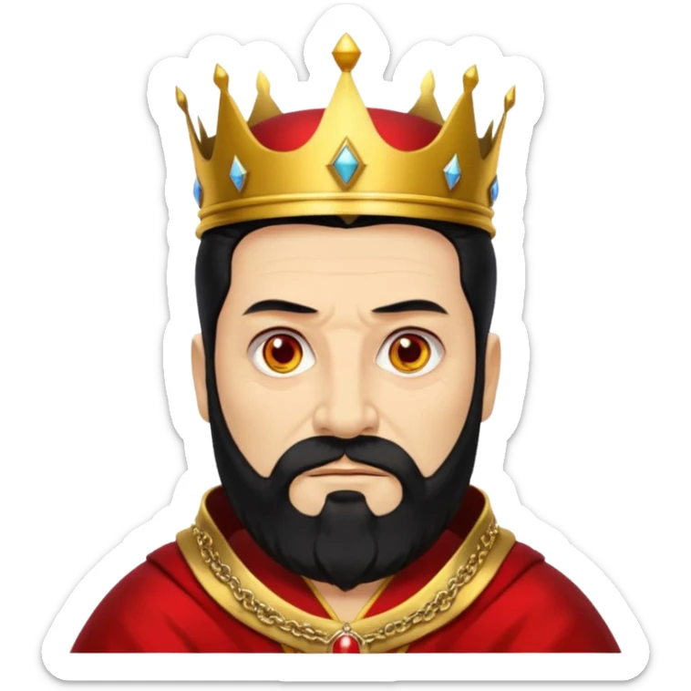 


an old king with yellow skin, red eyes, 60 years old, black hair, black beard, wearing a crown, red robe, fierce face, baron/lord vibe
 sticker