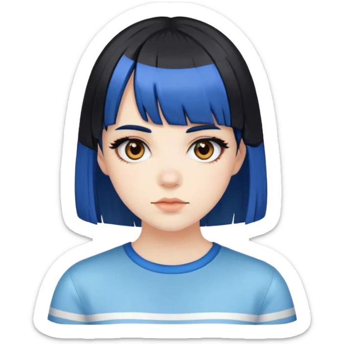 Pale girl with brown eyes, black hair, with two strips of blue hair and bangs sticker