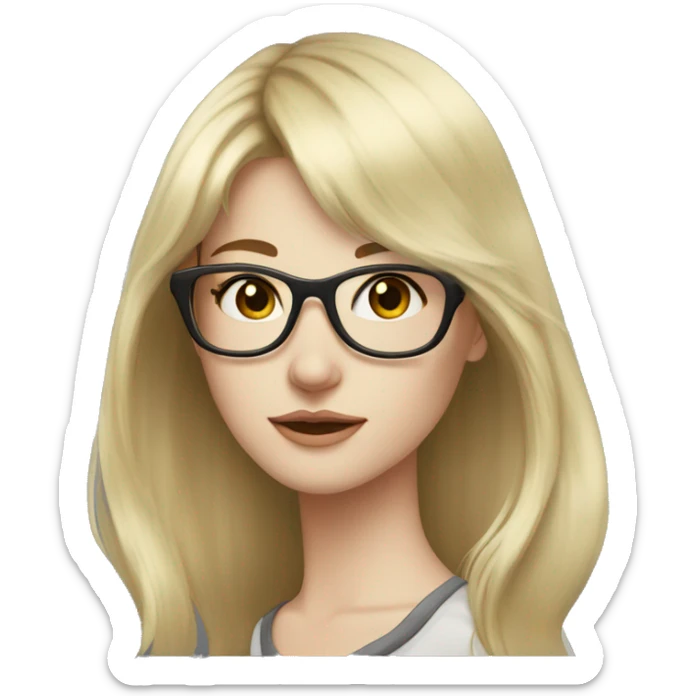 young woman, pale skin, long length dark brown wolfcut hair, glasses, blonde bangs sticker