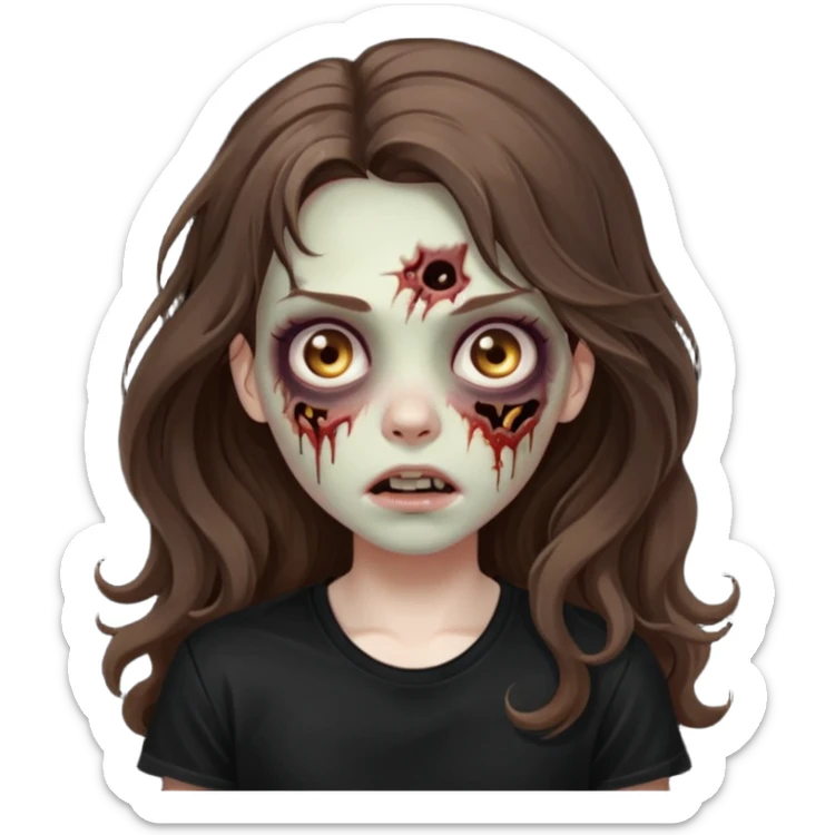 crie um emoji de uma garota zoombie cabelo castanho e longo , assustadora e fofa com cabelo ondulado 2b e camiseta básica preta sticker