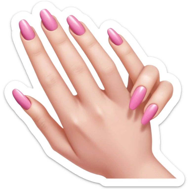  pink close-up of a hand with beautifully manicured nails, glossy pink nail polish, elegant nail shape, soft lighting and shadows, realistic style, sticker