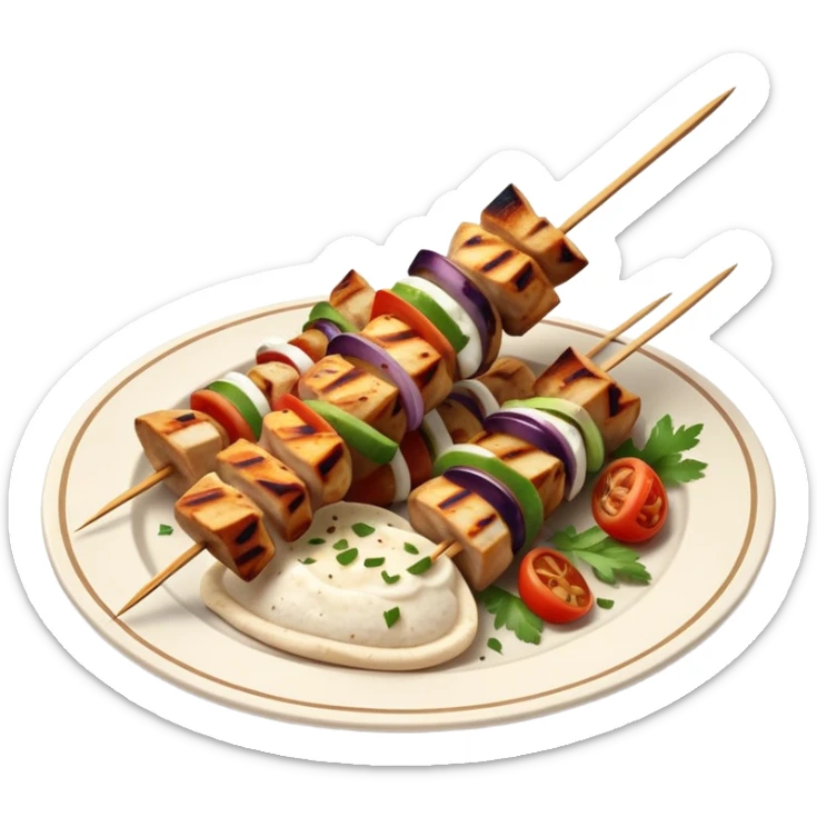 cinematic-realistic-souvlaki-dish-emoji,-showcasing-skewered,-2 grilled-chicken-with-mediterranean-spices-rendered-with-dynamic-textures-and-warm,-appetizing-lighting on pita bread on a plate sticker