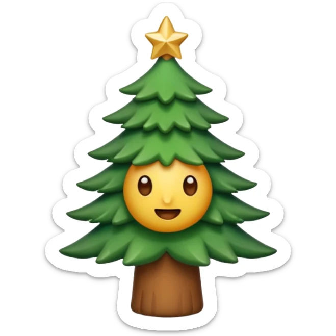 Un emoji représentant un petit sapin stylisé, sans bouche, avec deux grands yeux de biche brillants couleur cannelle. Style minimaliste, mignon et expressif, comme un sticker ou un emoji moderne. Fond parfaitement transparent, haute qualité, bien centré. sticker