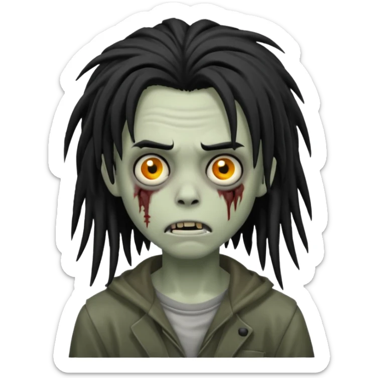 boy zombie with black medium-long dreads, emo, shaggy hair, dark and spooky, creepy expression, iOS emoji style sticker