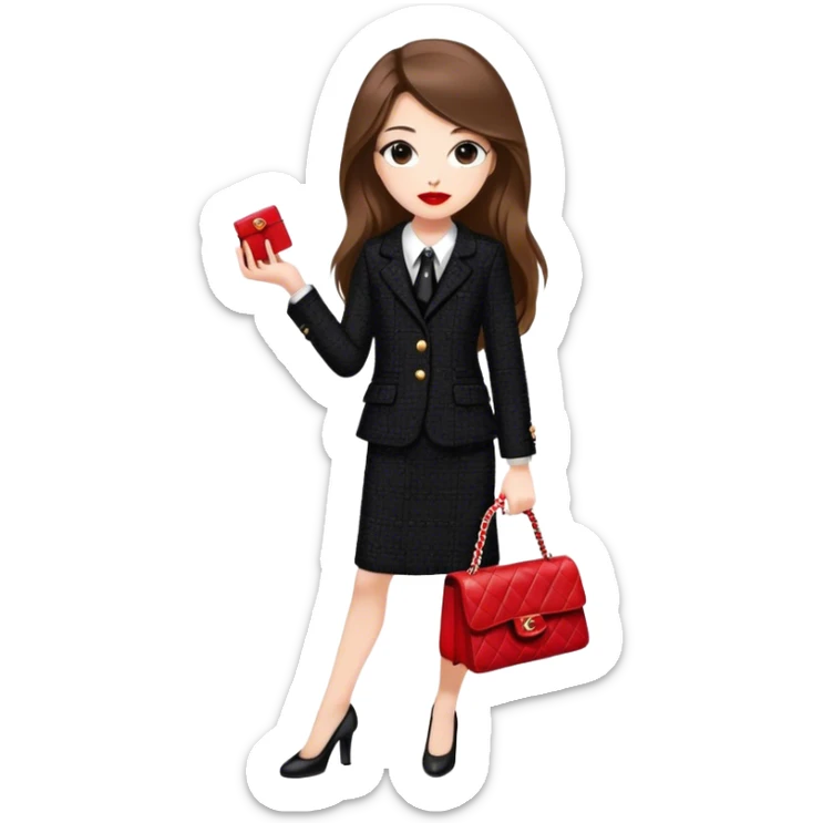 White girl with brown long hair dressed up in black chanel tweed suit with a red chanel bag and red lipstick sticker