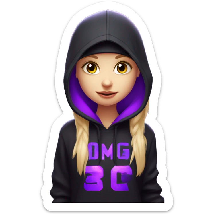 Russian cute blond student girl wearing black hoody with violet letters "OMG", in vr headset. No eyes. Cyberpunk style. Violet neon. sticker