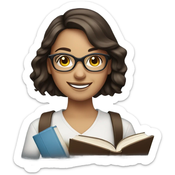 smiling brunette woman with blue eyes and glasses holding books sticker