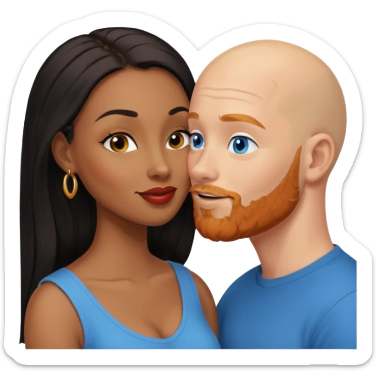 Bald white male with ginger beard and blue eyes kissing African American brown woman with long black hair sticker