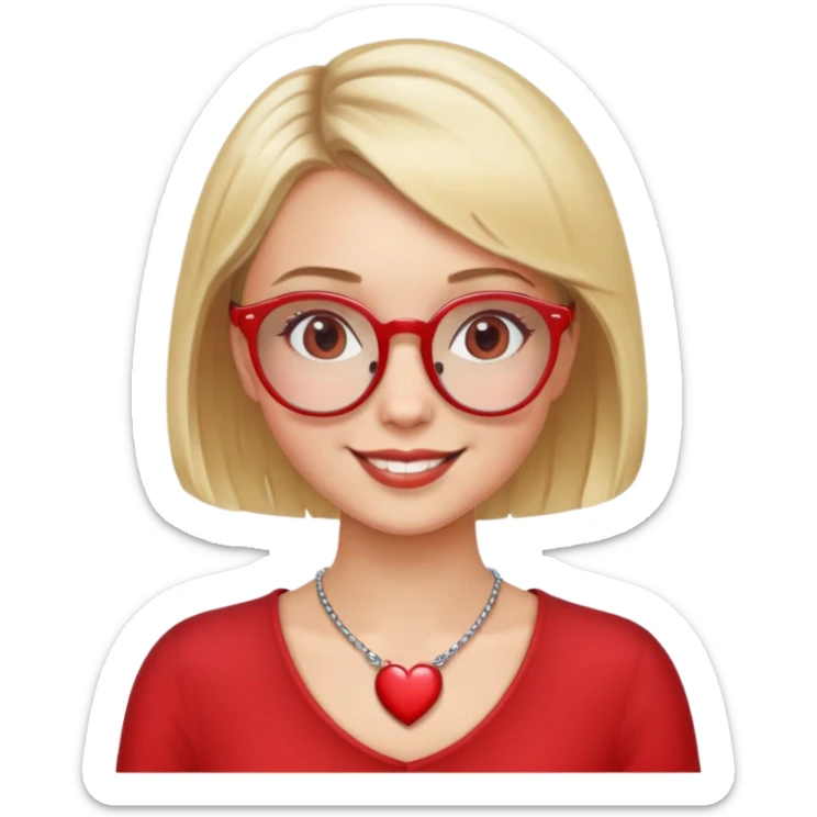 white girl head with short blonde bob hair, red round glasses, heart necklace, smiling sticker