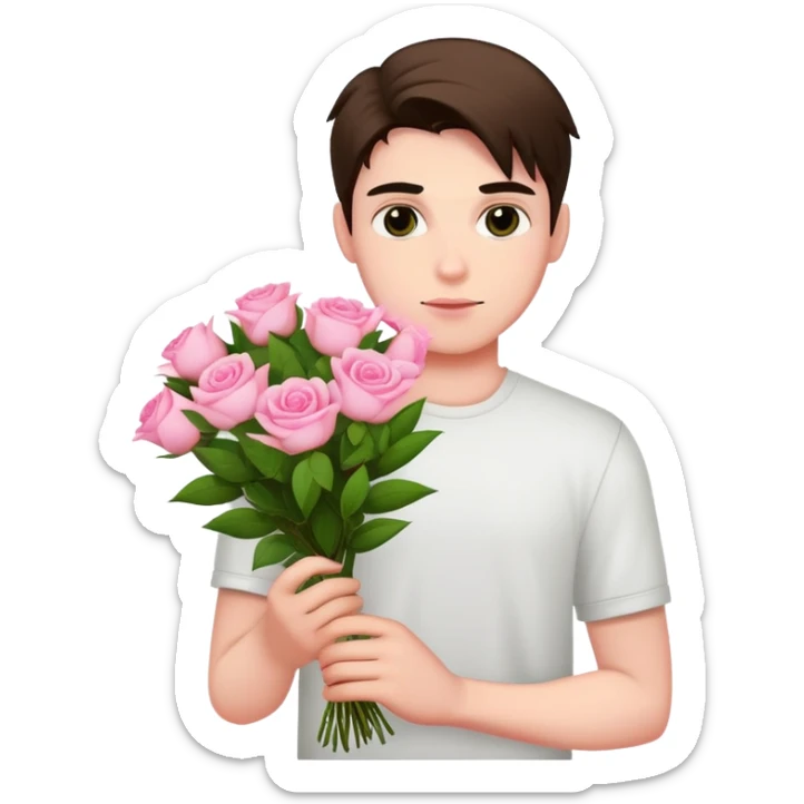 A cool bad boy with fair skin holding a bouquet of pink jasmine roses sticker