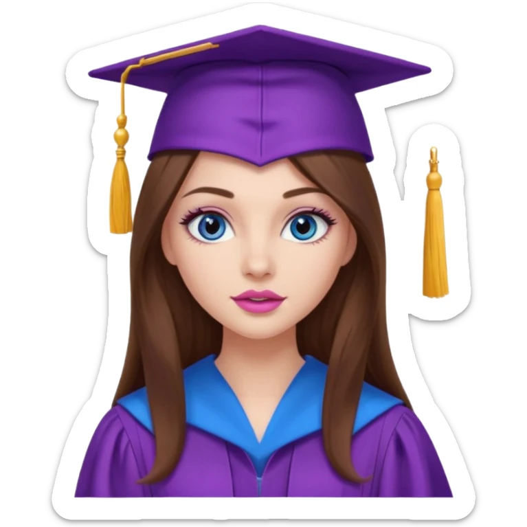girl with beautiful very long brown hair, blue eyes, long lashes makeup, sexy pink lips, wearing a purple graduation cap and gown sticker