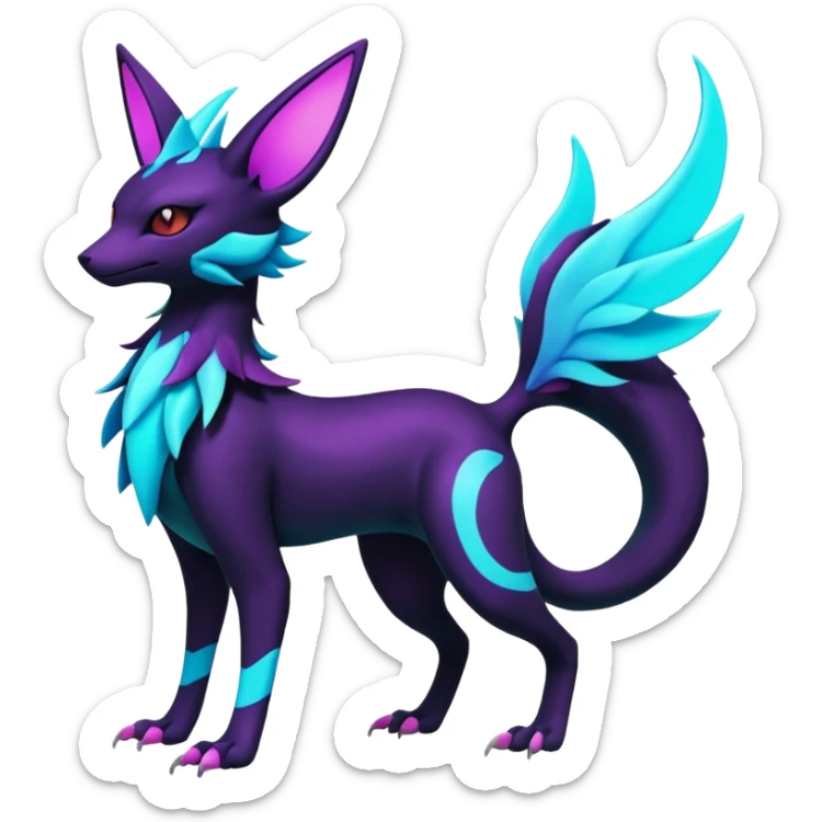 Colorful scaly flurry bioluminescent dark gloomy ghoulish spooky dull dusky translucent neon edgy cool dark edgy Latias-Sergal-Vernid-feline-Umbreon-Sylveon-Bastet-Fakémon-hybrid-fusion-creature, full body sticker
