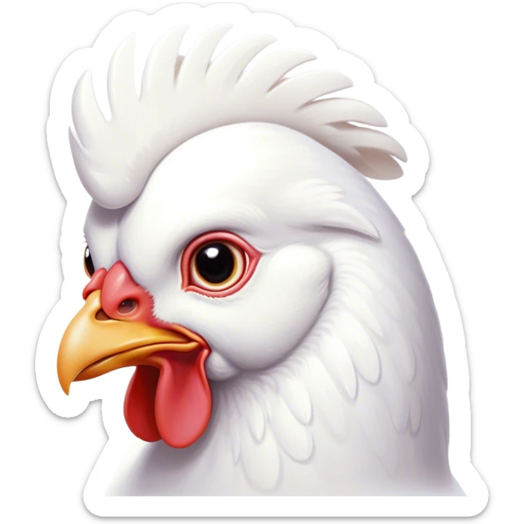 Cinematic Noble White Chicken Portrait Emoji, Poised and regal, with a compact, sturdy build and a pristine, well-groomed pure white plumage, deep-set soulful beady eyes, Simplified yet sharp and sophisticated features, highly detailed, glowing with a soft, dignified glow, high shine, intelligent and alert, stylized with an air of barnyard elegance, focused and attentive, soft glowing outline, capturing the essence of a watchful and confident fowl, so majestic it feels as though it could strut out of the screen with effortless authority! sticker