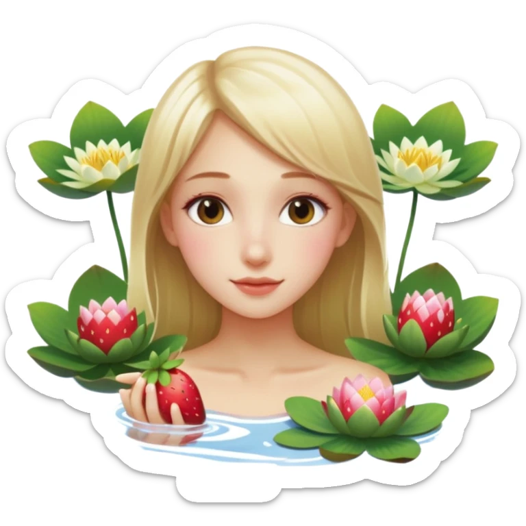 a beautiful girl mix with  watel lili and  Strawberries  being born with an nenuphar on her light hair sticker