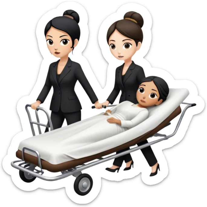 Two woman in black pants suits. One has black hair in a bun and one has brown long hair. They are pushing a stretcher with a dead body on it covers in sheets in to a black funeral Mercedes Vito car  sticker