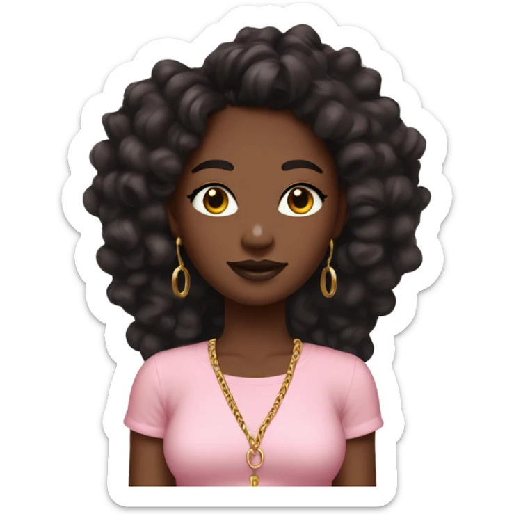 medium to dark black teenie with brown braids + make up and gold hoops in a pink ruffle shirt sticker