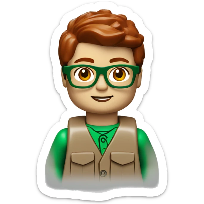 lego minifig of a 7 year old boy with green glasses and dark red hair sticker