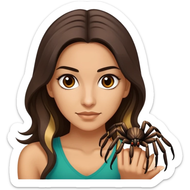 Attractive and athletic Mexican woman in her 20s with long dark brown hair with some blonde highlights, with a tarantula sticker