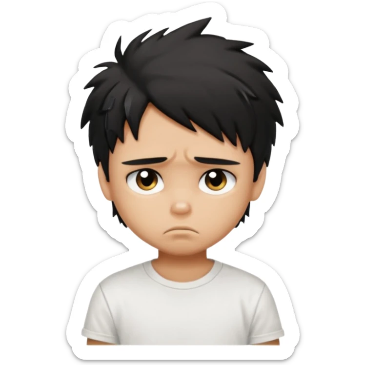 generate a pretty tan bratz boy with black messy hair looking sad. Wearing a white tshirt sticker