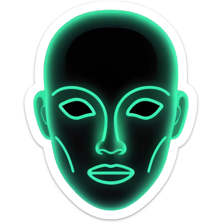 Minimalist futuristic AI avatar — clean glowing outline of a humanoid face, half-abstract with light reflections. sticker
