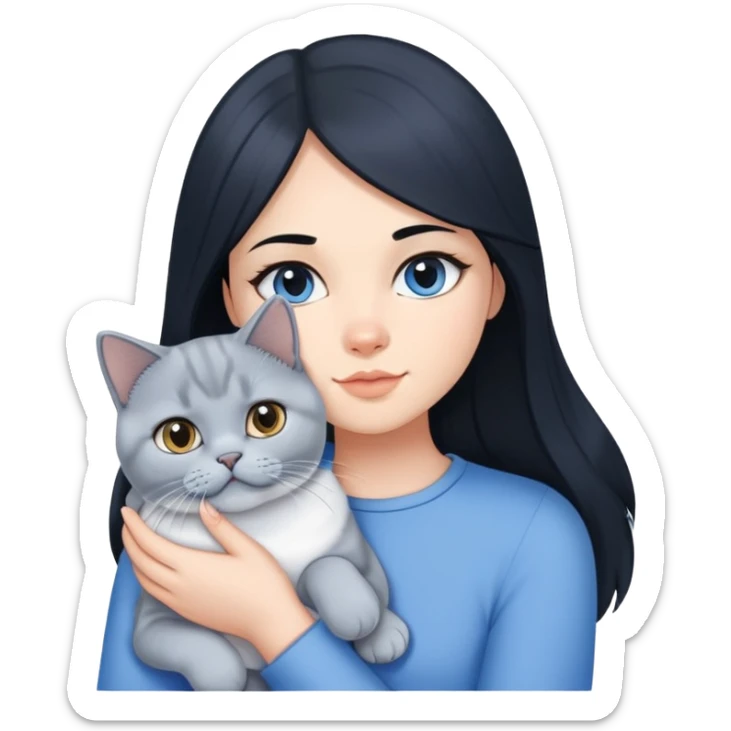 A girl with long black hair is holding a blue and white British shorthair sticker