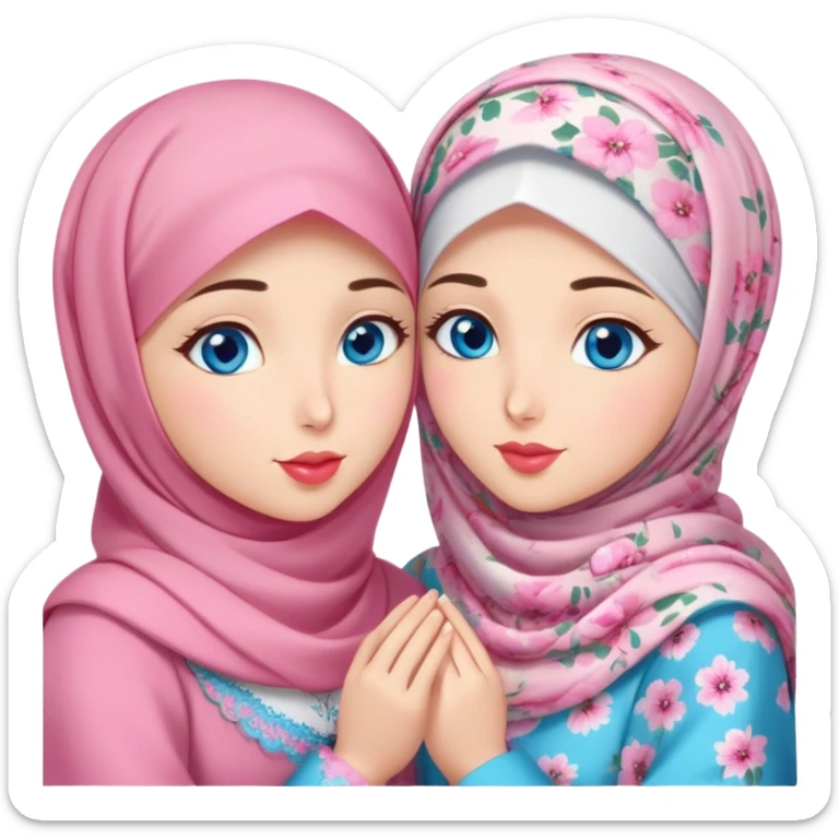 Two friendly Turkish girls beautiful finish Konya blue eyes with pink floral hijab and heart dress and Scattering kisses outside  sticker