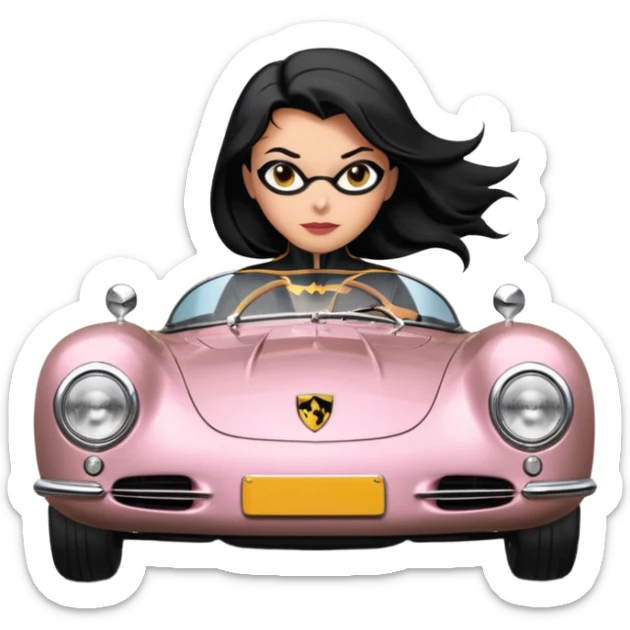 Adult BatGirl driving her satin-black and rose-gold 1955 Porsche 550 Spyder too fast in the country, despite the rainy conditions making the tires slippery, sliding sideways with her black hair fluttering in the wind sticker