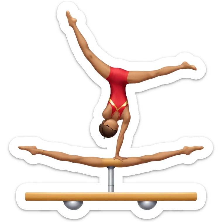 An artistic emoji of a professional sports acrobat performing a stunning balance pose on a narrow beam. The acrobat showcases perfect control, flexibility, and strength, executing an elegant handstand. The background features a bright gymnastics arena with spotlights. sticker