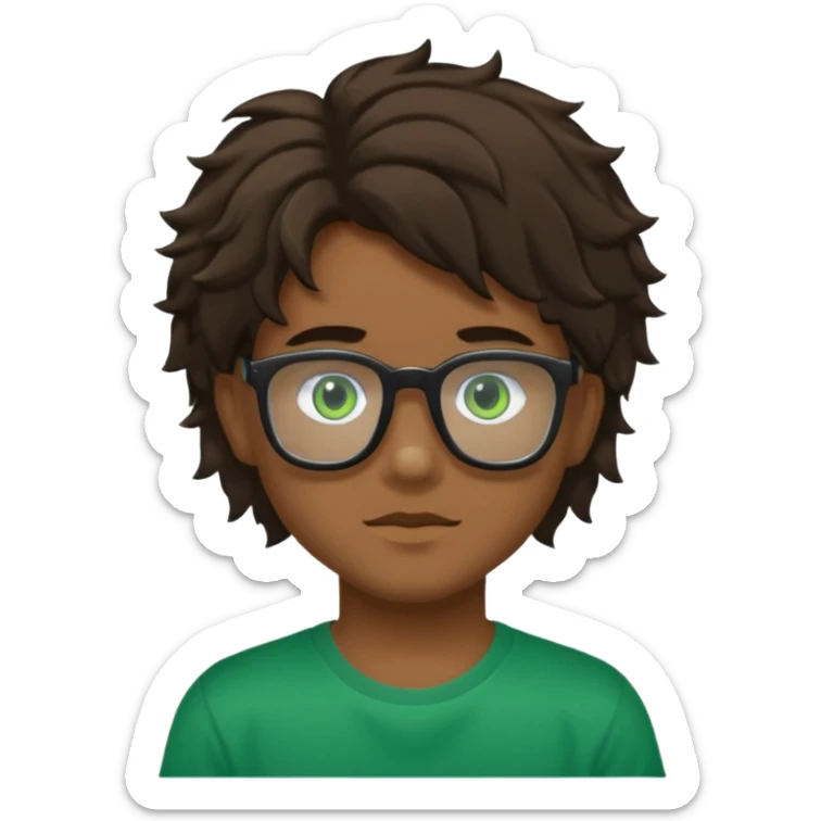 Garçon brun avec des cheveux ondulés courts, peu légèrement bronzée, des yeux verts foncés, un t shirt noir et des lunettes rectangulaires transparentes sticker