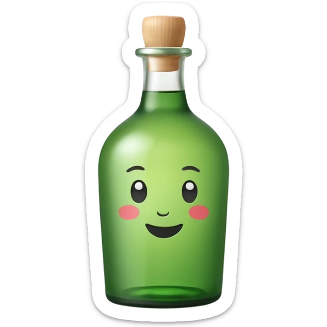 A clean, cute emoji-style green soju bottle, small Korean soju bottle with green glass, simple label in Korean style, minimal flat design, soft shading, centered, white or transparent background, high contrast, rounded friendly emoji look, 1:1 aspect ratio, app icon style sticker