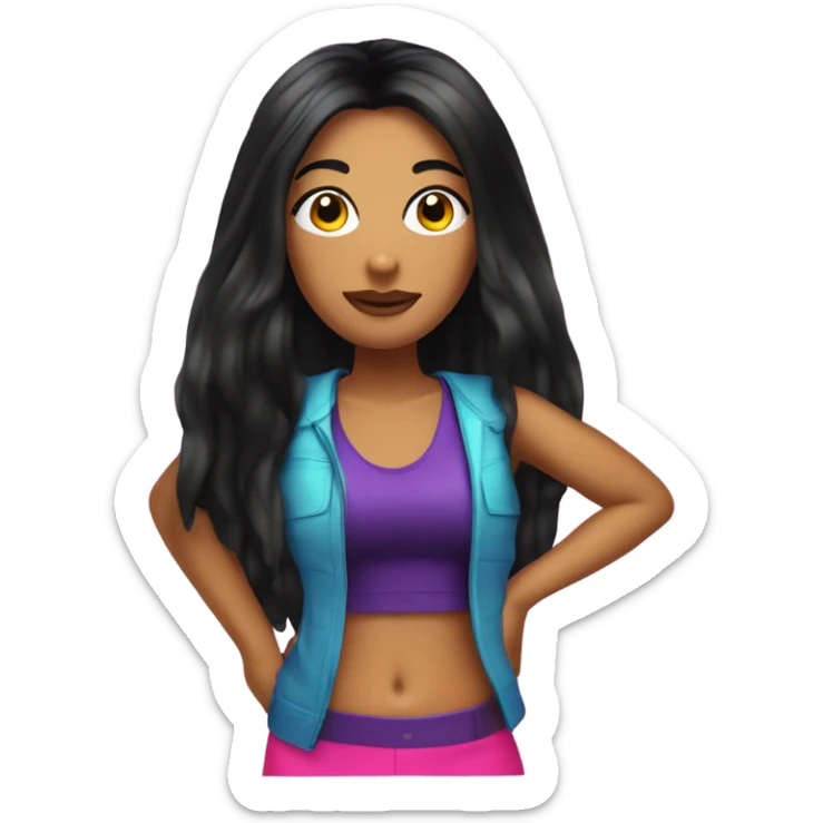 Tanned woman with long black hair dressed in Y2K pop hair, makeup, and neon attire sticker