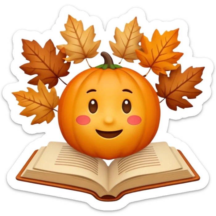 A cute 3D emoji autumn leaves around it, cozy fall colors (orange, brown, beige), playful and modern style, glossy finish, minimalistic but expressive, symbolizing a Fall Reading Challenge. sticker