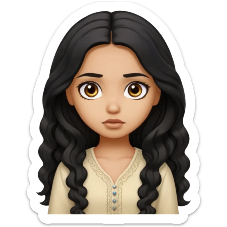 a pretty tan bratz girl with long wavy black hair, wearing a light kurti. looking sad sticker