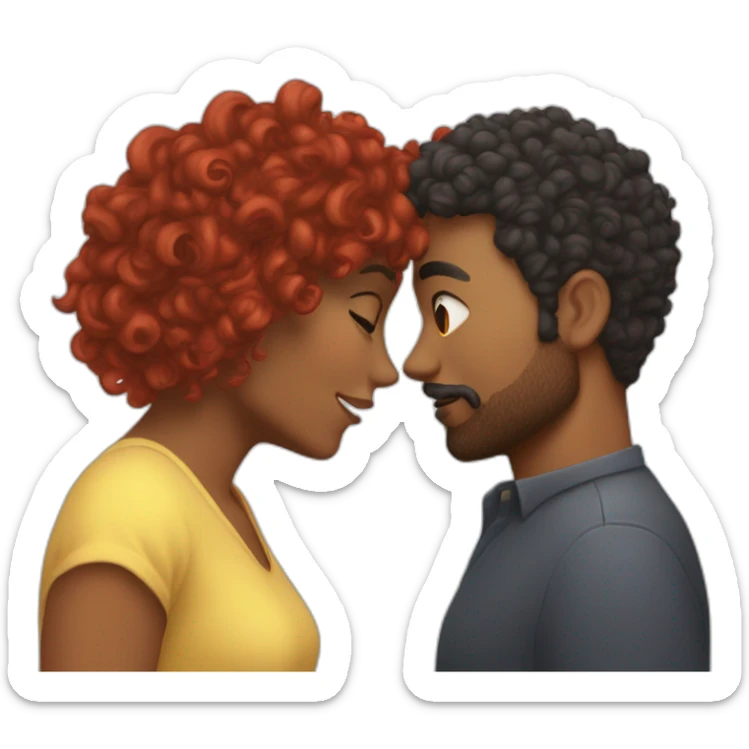 Brown man with a hair cut fade and a beard kissing a White woman with long red curly hair sticker