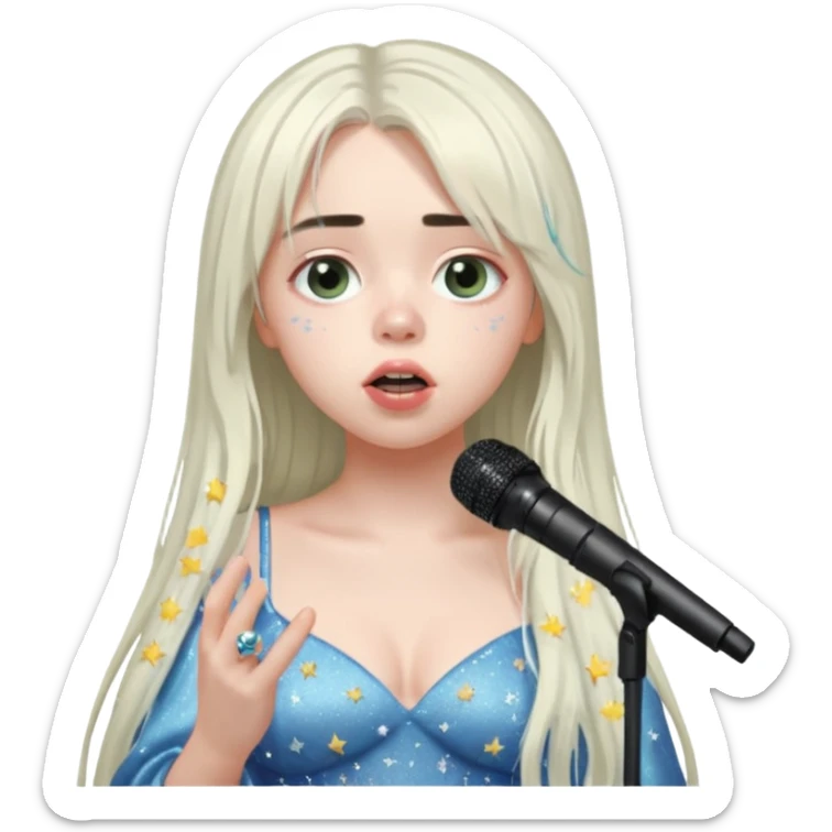 billie eilish is singing, holding mirco and twinkle dresss, white long hair, thin  sticker